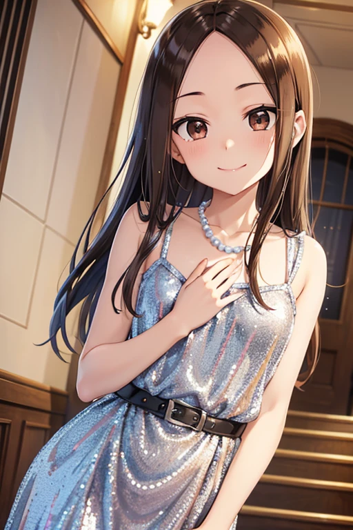 Takagi-san、Shiny brown hair, Straight Long Hair,((Medium chest、Forehead、Center part))、 Beautiful brown eyes、smile、Sparkling eyes, (fine grain)、Very fine eye、Highly detailed face, 非常にDetailed eyes, Cowboy Shot、


1 Female, , Hair between the eyes, Thin eyebrows, Detailed eyes, 
Small Head, (Silver sequin dress:1.2), (smile:1.2), Pearl Necklace, Standing on the grand staircase,