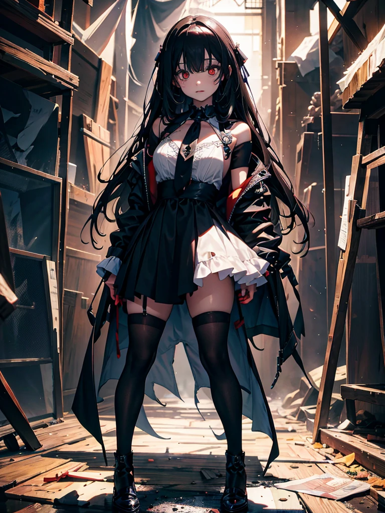 Horror movie atmosphere. Her figure is very beautiful, Emphasizing the dark and crazy elements. Skillfully expressing the effects of light and shadow, detailed, The face and expression of the black costume are also carefully drawn.