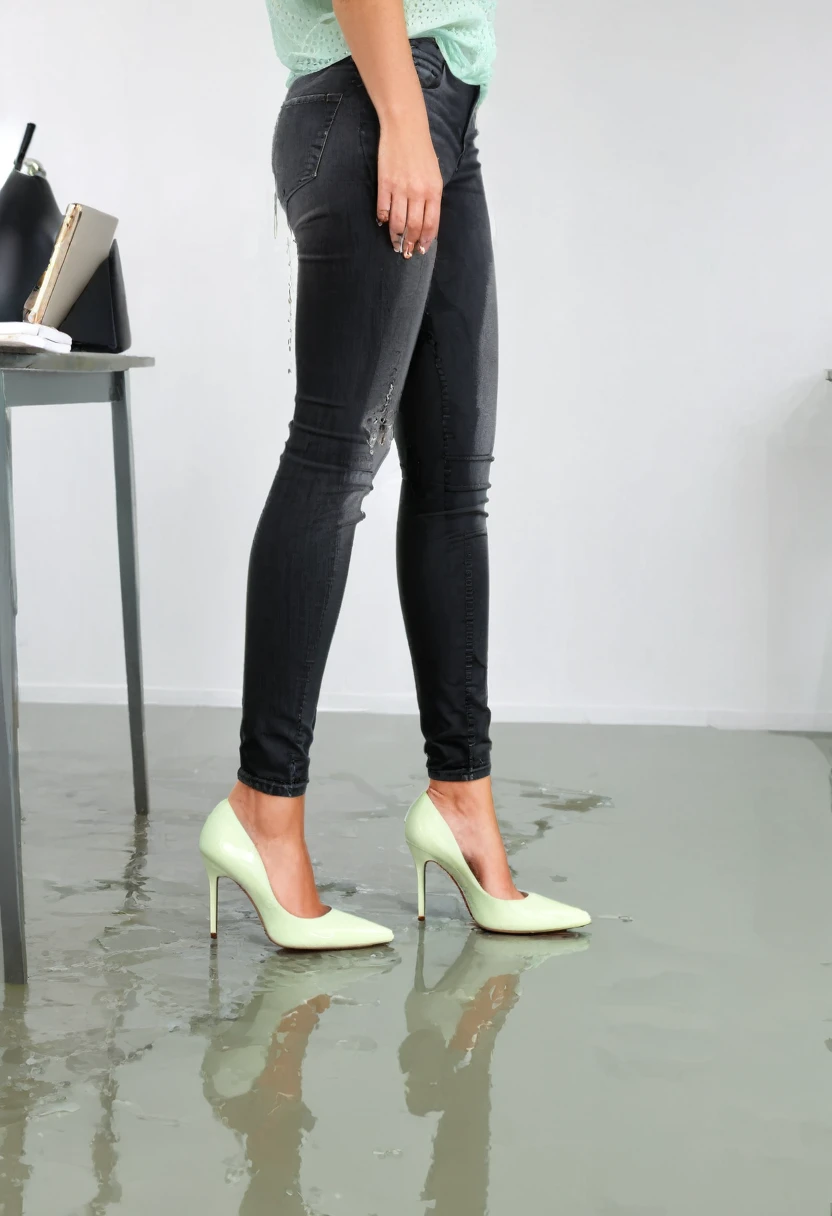((side view)), attractive redhead woman wearing black skinny jeans, short curly hair, white high heel pumps, mint green blouse, standing in an office, wetting, big smile, pee stains are gleaming wet, standing in puddle of pee, high heels filled with pee, ((side view))