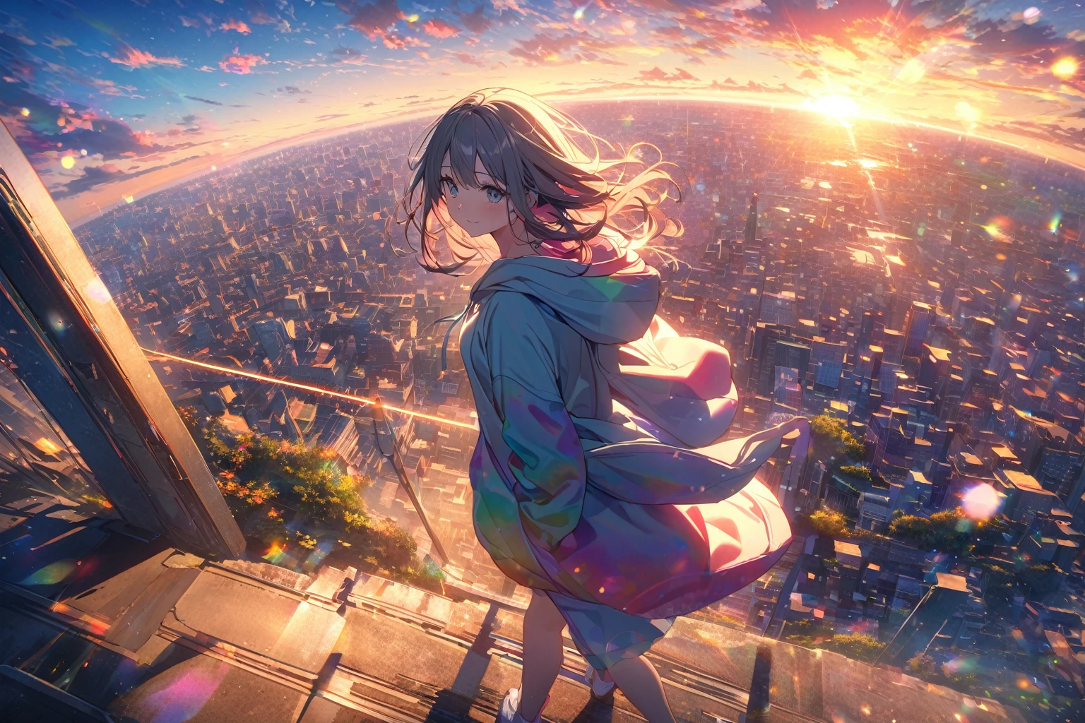 Angelic, Detail of a walking woman, Woman in hoodie, 女性の上にAngelic輪がある, city, road, sunrise, horizon, In the sky, city of clouds, Lens flare, colorful, High resolution, 8k