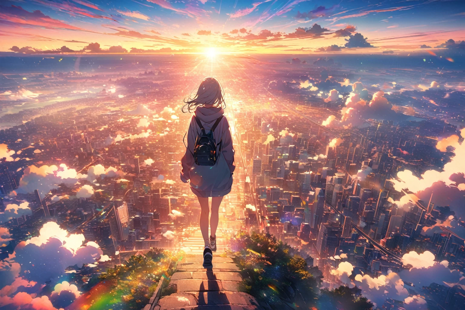 Angelic, Detail of a walking woman, Woman in hoodie, 女性の上にAngelic輪がある, city, road, sunrise, horizon, In the sky, city of clouds, Lens flare, colorful, High resolution, 8k