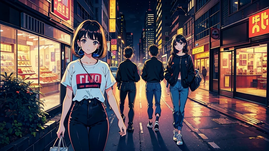 best quality, 8k, 1990s style, 2010s hairstyles, 21 year old girl, black hair, headset, bob hair, light brown eyes, city pop, big pants ,city night view, walking between buildings. whole body.