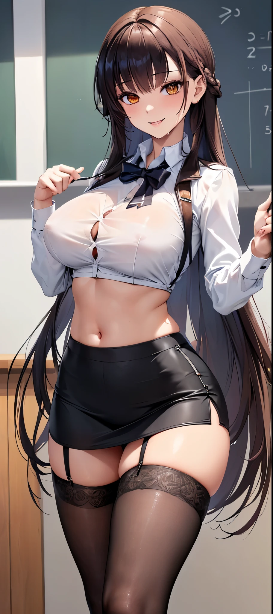 (dynamic angle), (ultra-detailed), ((extremely detailed)), 1girl, ((beautiful blue eyes)), beautiful black twintail hair, glasses, high school uniform, open-button shirt, pleated skirt, stockings, pumps shoes, ((White panties, cameltoe)), in the classroom, lift up one's skirt, squatting, buttocks, large breast, sweaty, wet body, navel out, thighs out, slim, slender, ribon, ashamed, blush, translucent body, Transparent, shiny-glistening, gleaming, ((masterpiece)), ((best quality)), 4K, (8K)