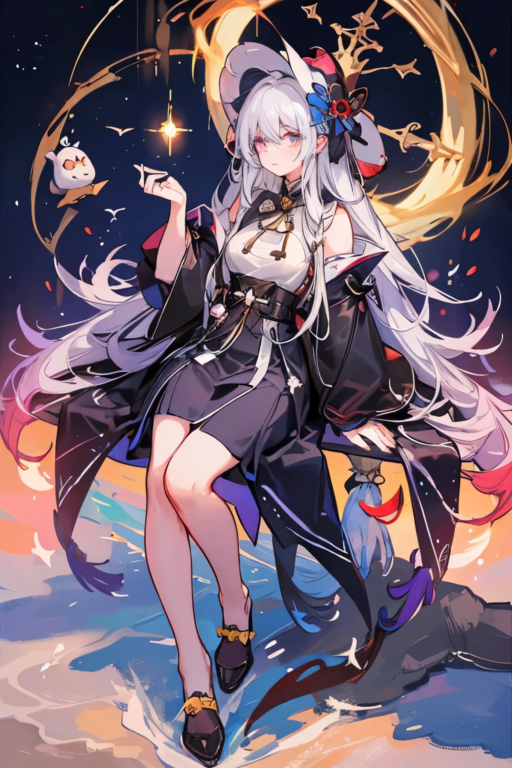 Girl, hight 150, rainbow eyes, white hair with rainbow light inside, vary long hair, put on some hair accessories
Strong mage pose, chanting the spell, magic power, sommonner, penguin servant, lots of cute penguin
Cloth style chinese mix with witch clothes