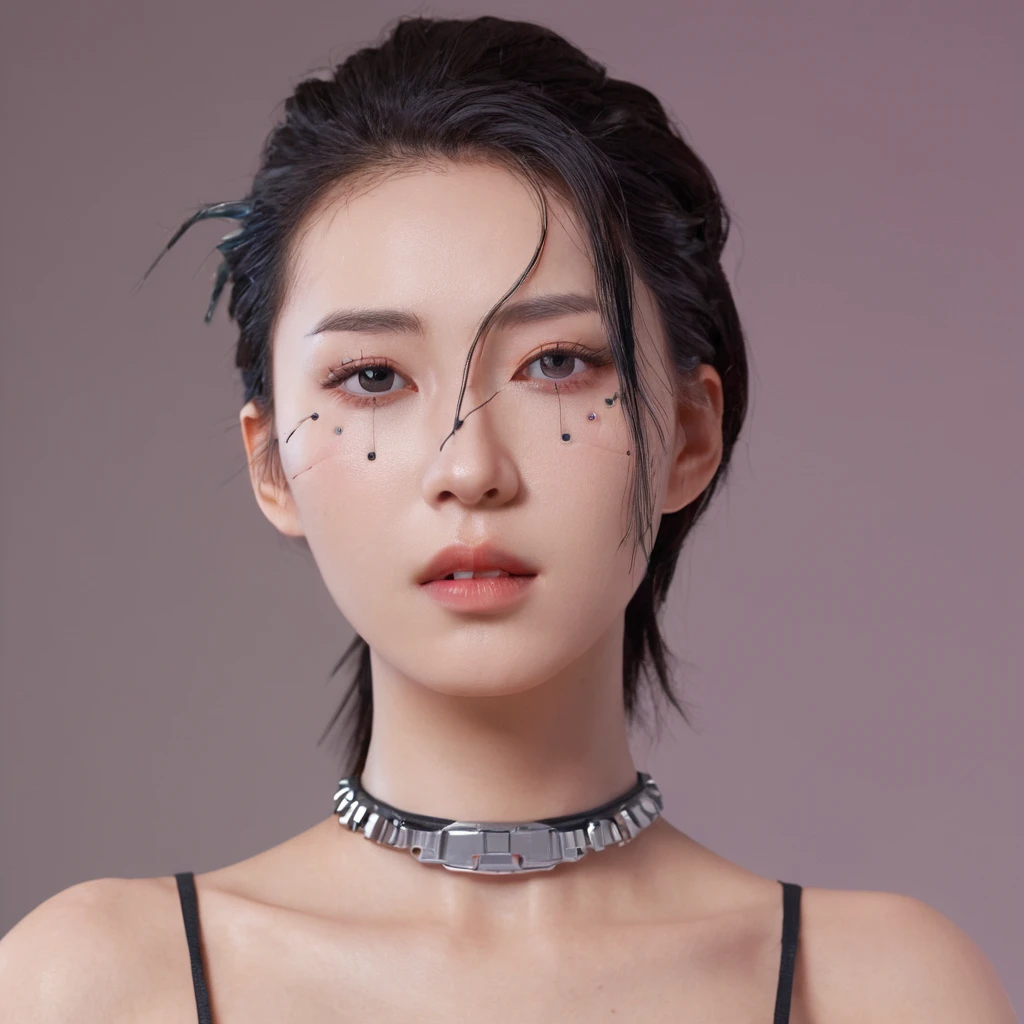 A stunning 4K photo-realistic image of a cyberpunk demi-human girl with an Asian face. Her visage is adorned with intricate machine implants, including a sleek silver visor that covers her eyes, revealing only a small slit for vision. These implants enable advanced sensory input and communication with her cybernetic systems.

Her skin is pale, with visible scars that tell a story of her past battles and a faint line where her flesh meets the cold metal of her implants. The seams are barely noticeable, indicating skilled integration between her organic and mechanical components.

Her hair is black, spiked up in an aggressive yet stylish manner. Small LED lights are integrated into the strands, flickering with various colors to match her mood. The hair is a statement piece, reflecting her rebellious spirit. The overall atmosphere of the image is captivating, photo, her body is embedded with mechanical implants under the skin, cyborg arms,  cyberware lines embedded in her face, , (Photorealsitic)、(intricate detailes:1.2)、(​masterpiece、:1.3)、beauty face, (top-quality:1.4)、(超A high resolution:1.2)、超A high resolution、(A detailed eye)、(detailed facial features), ((Realistic lighting、top-quality、8K、natural light, ​masterpiece:1.3))、bright photo, Clear focus:1.2、1girl in、flawless beauty:1.4、Superfine Face、big Narrow-eyed、double eyelid、photos realistic, perfect eyes, perfect skin, detailed skin, detailed face, looking viewer, front view, potrait, raw photo, simple soft pink background, (intricate detailed skin textured:1.4) front view, looking viewer, clear face, 1 girl、porate、Bright and very beautiful face、beautiful girl, A stunning close-up portrait showcasing the beauty of a Korean model. The composition features soft, natural lighting , bright eyes, and striking cheekbones.