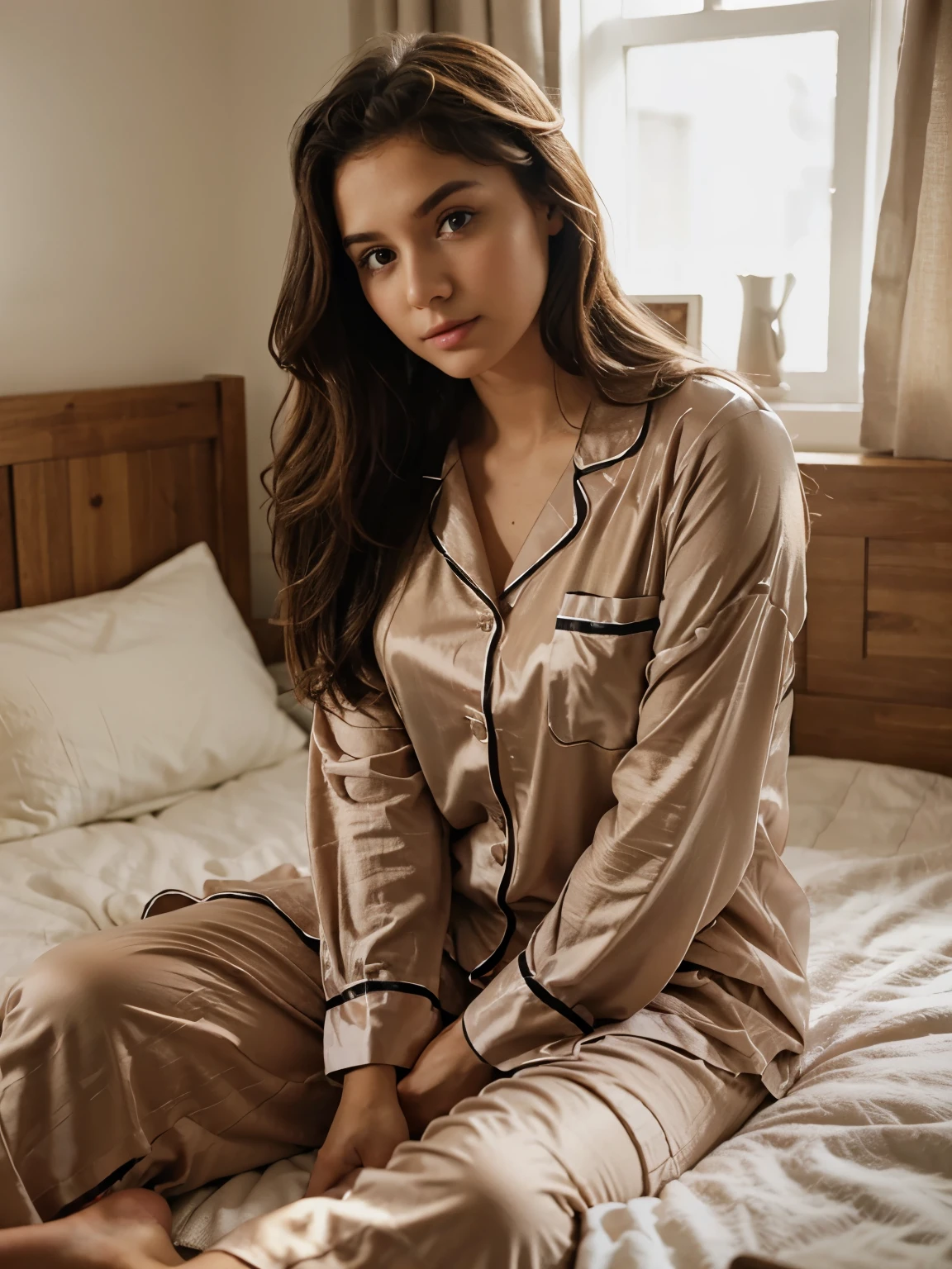 a woman sitting in pajamas at night
