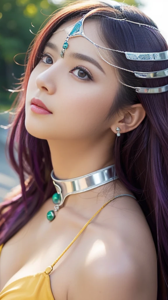 masterpiece、1 beautiful girl、fine eyes、puffy eyes、highest quality, 超High resolution, (reality: 1.4), movie lighting、Japanese、asian beauty、Korean、super beautiful、beautiful skin、(超reality的な)、(High resolution)、(8K)、(very detailed)、(美しくfine eyes)、(Super detailed)、 (wall-)、detailed face、bright lighting、professional lighting、looking at the viewer、look straight ahead、slanted bangs、purple hair、Nogizaka idol、korean idol、masterpiece, highest quality, DQ Maniya, circlet, choker, bracelet, bangle, bikini, loincloth,, dynamic pose, :d, I furrowed my brow.,cowboy shot, village, rock formations, Mountain, wood