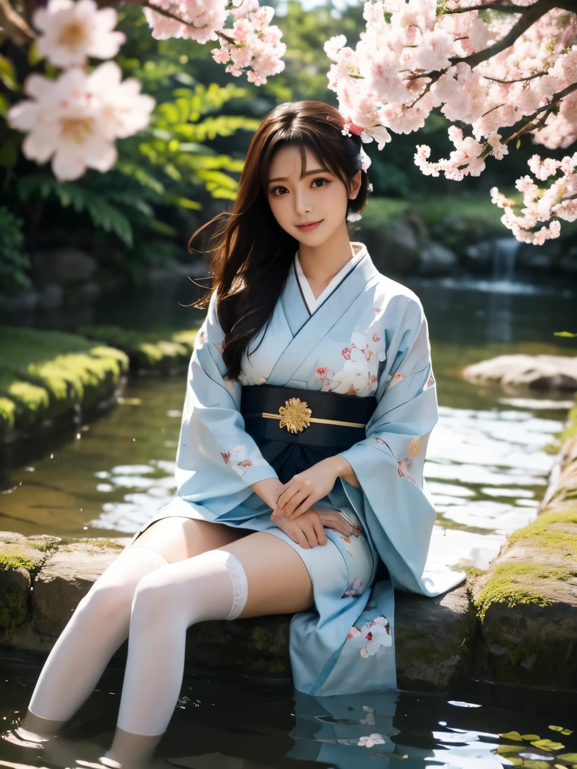 (UHD, masterpiece, anatomically correct, textured skin, super detail, best quality, highres, 8k, bloom, Front Light:1.2, Perfect dynamic composition)

1girl, solo, looking at viewer, blush, smile, bangs,black hair, hair ornament, sitting, closed mouth, full body, flower, outdoors, detached sleeves, japanese kimono, hair flower, kimono, water, white thighhighs, see-through, sash, petals, toes, obi, cherry blossoms, pelvic curtain, branch