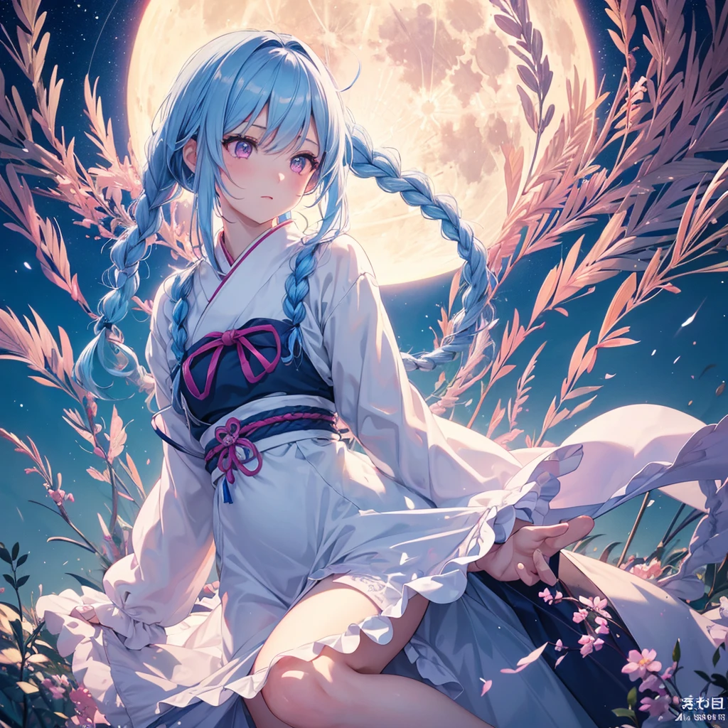 Sky blue hair, (Braided medium hair:1.2), Pink eyes,Fair skin ,(whole body),(One Girl),(White sweet dumplings ),White round dumplings,Japanese pampas grass,(beautiful, Full moon shining in the night sky),(masterpiece, Highest quality, Very detailed, Best Shadow), (Detailed Background), (Beautifully detailed face), High Contrast, (Best lighting, Very delicate and beautiful), ((Cinematic Light)), colorful, Hyper Detail,8k, Dramatic Light, Intricate details,