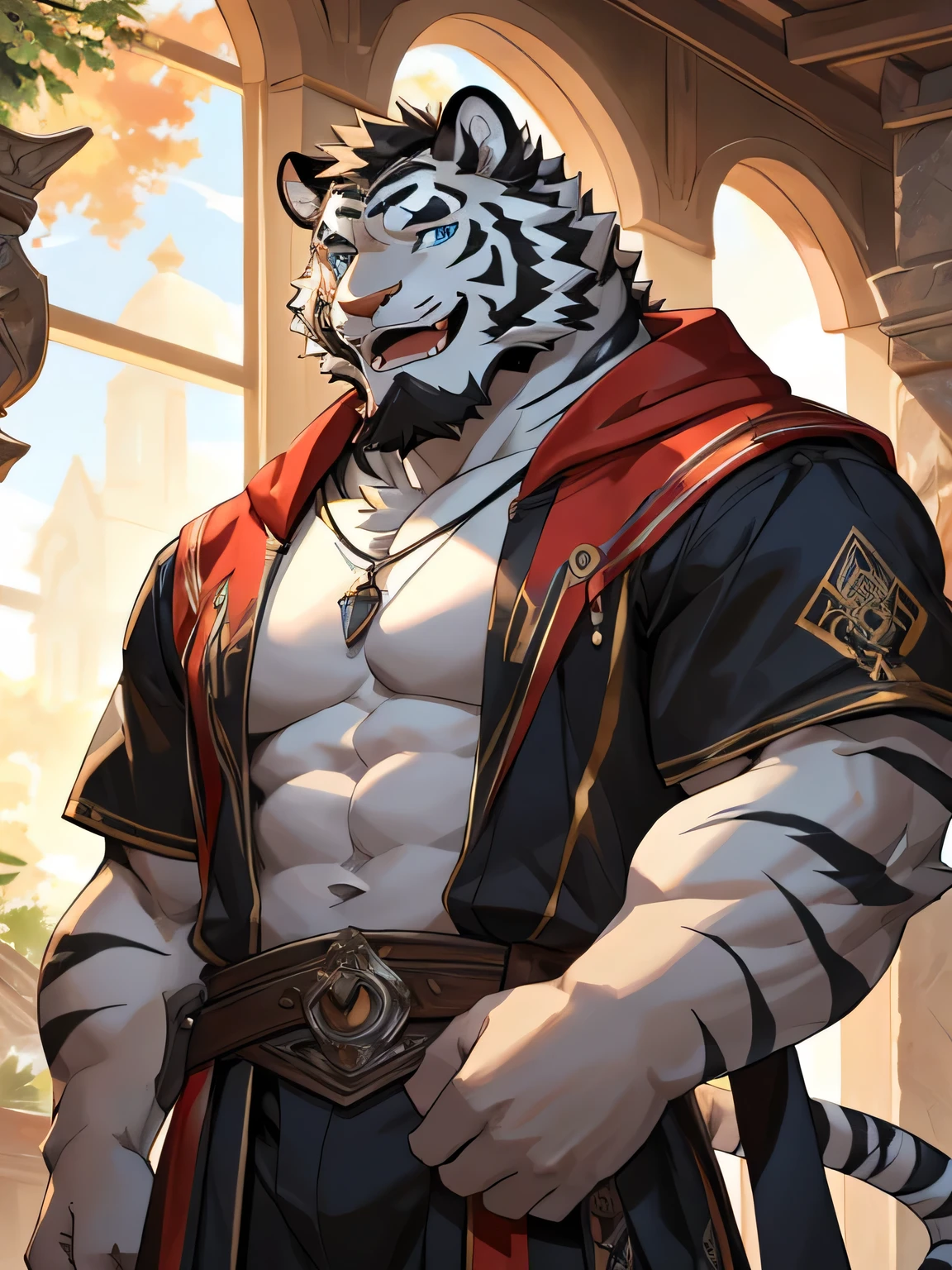 Solo, tiger, black tiger, tiger male, gray hair, white body fur, muscular male, elder male, light red eyes, wearing nothing,gray fur tuft, eastern necklace, star night background, ( by Sollyz, masterpiece, 8k, hd), Looking at viewer, smiling, detailed face, detailed eyes, detailed hair, detailed muscles, detailed clothes, Genshin, nsfw, nude lower body, big penis, jerking cock, cum on full body,