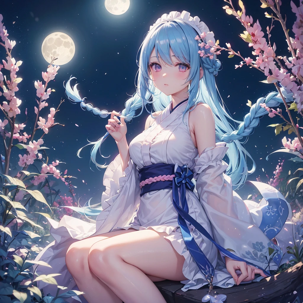 Sky blue hair, (Braided medium hair:1.2), Pink eyes,Fair skin ,(whole body),(One Girl),(White sweet dumplings ),White round dumplings,Japanese pampas grass,(beautiful, Full moon shining in the night sky),(masterpiece, Highest quality, Very detailed, Best Shadow), (Detailed Background), (Beautifully detailed face), High Contrast, (Best lighting, Very delicate and beautiful), ((Cinematic Light)), colorful, Hyper Detail,8k, Dramatic Light, Intricate details,Sit and eat dumplings while watching the moon,