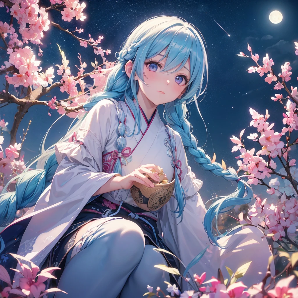 Sky blue hair, (Braided medium hair:1.2), Pink eyes,Fair skin ,(whole body),(One Girl),(White sweet dumplings ),White round dumplings,Japanese pampas grass,(beautiful, Full moon shining in the night sky),(masterpiece, Highest quality, Very detailed, Best Shadow), (Detailed Background), (Beautifully detailed face), High Contrast, (Best lighting, Very delicate and beautiful), ((Cinematic Light)), colorful, Hyper Detail,8k, Dramatic Light, Intricate details,Sit and eat dumplings while watching the moon,