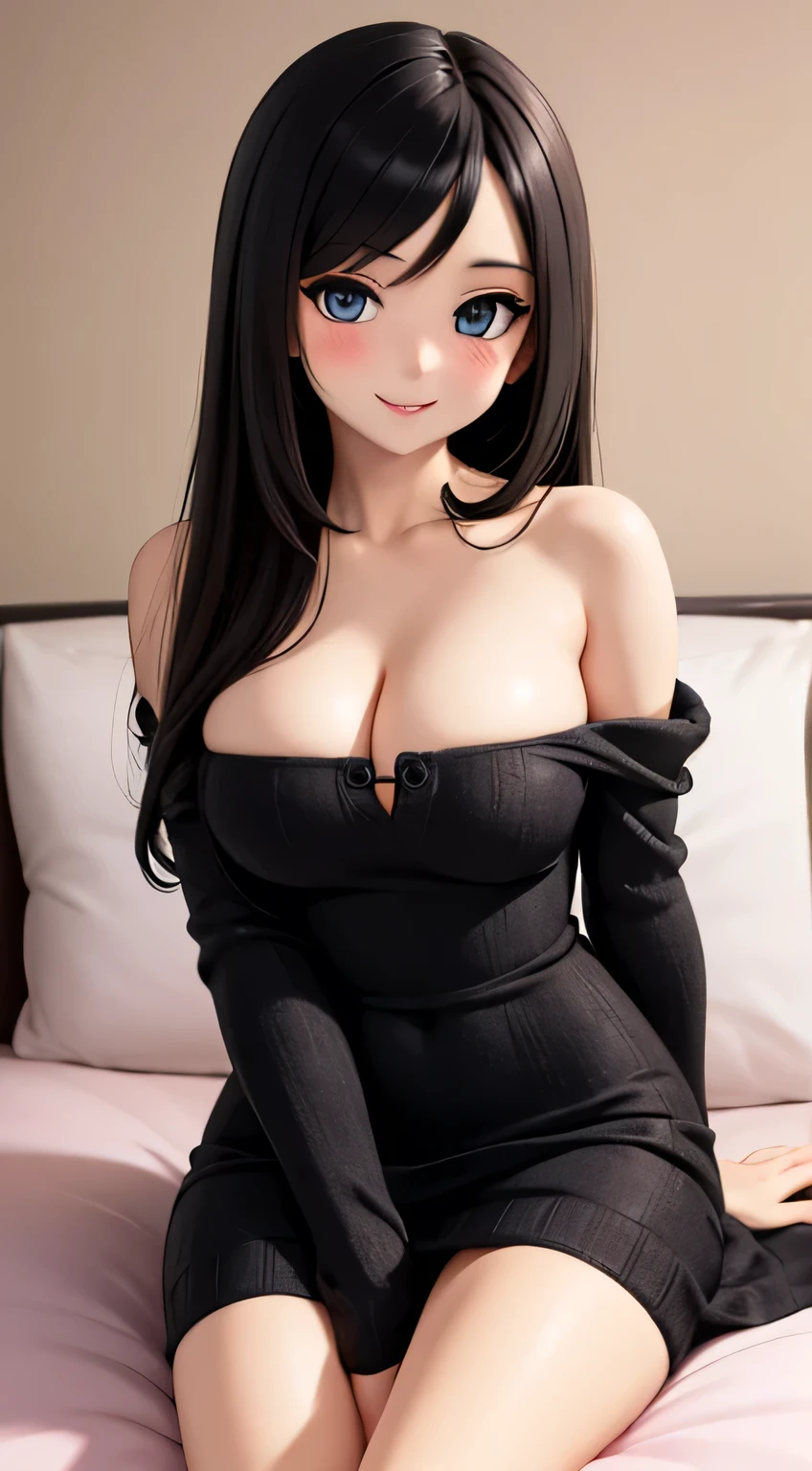 Sexy woman, long black luscious hair, seductive gaze and smile, blushing intensely, perfect body, black and white knitted off shoulder dress, medium chest, cleavage, sitting on bed