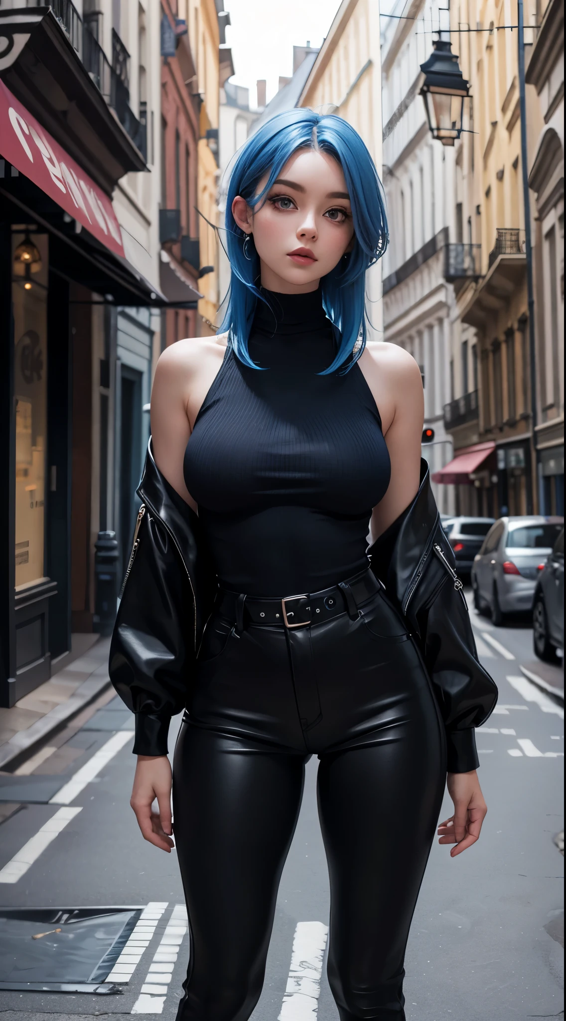 Abigail blue hair, black tight clothing, on European streets, realist, Full HD, high quality