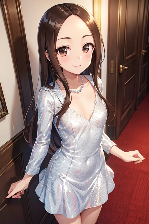 Takagi-san、Shiny brown hair, Straight Long Hair,((Medium chest、Forehead、Center part))、 Beautiful brown eyes、smile、Sparkling eyes, (fine grain)、Very fine eye、Highly detailed face, 非常にDetailed eyes, Cowboy Shot、


1 Female, , Hair between the eyes, Thin eyebrows, Detailed eyes, Cleavage、
Small Head, (Silver sequin dress:1.2), (smile:1.2), Pearl Necklace, Standing on the grand staircase,