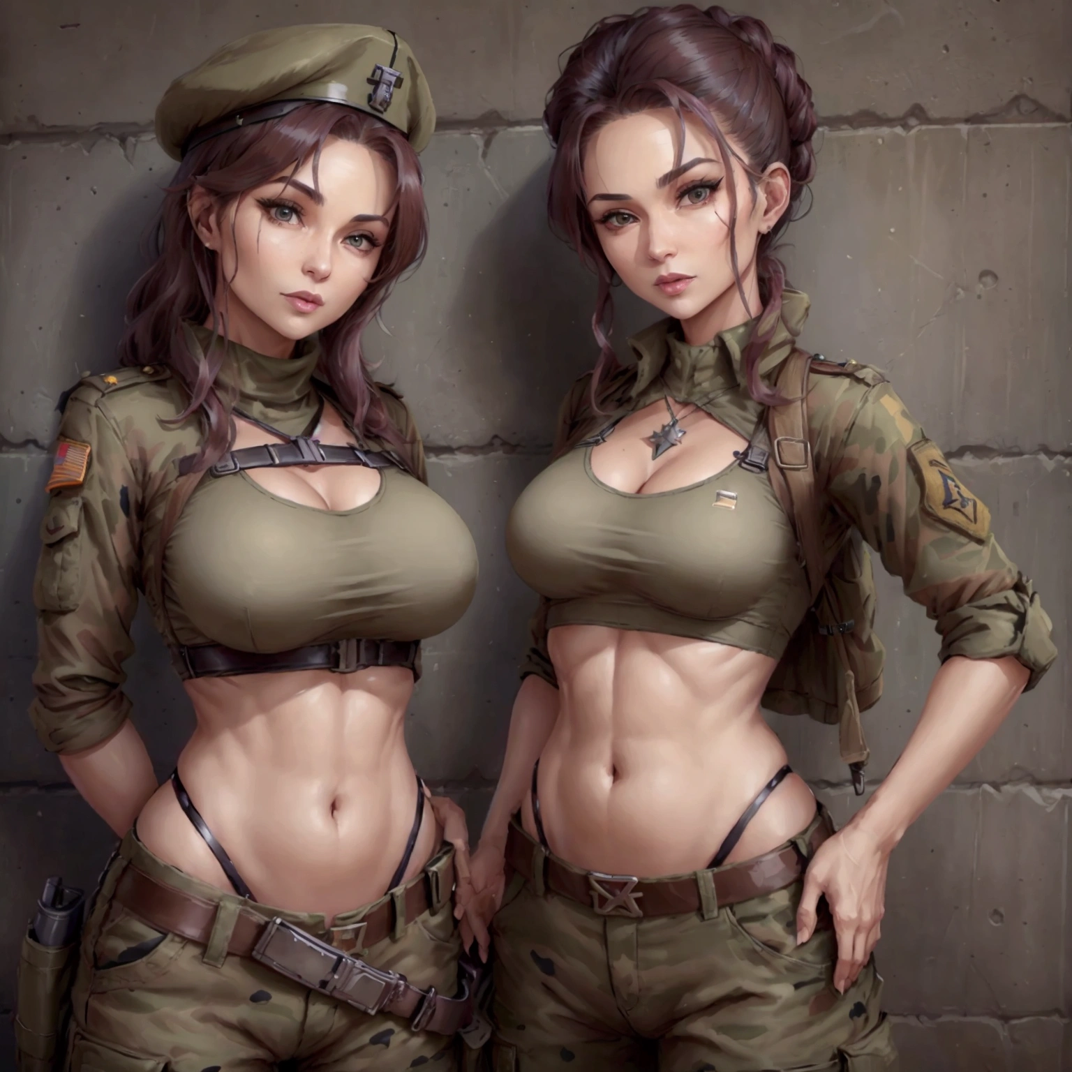Women in crop top soldier uniform, soldier hat, military brooch on the chest,  exposed abdomen area, very low waist cargo pants, navel piercing , 45 years-old, high ranking , standing, little fat 