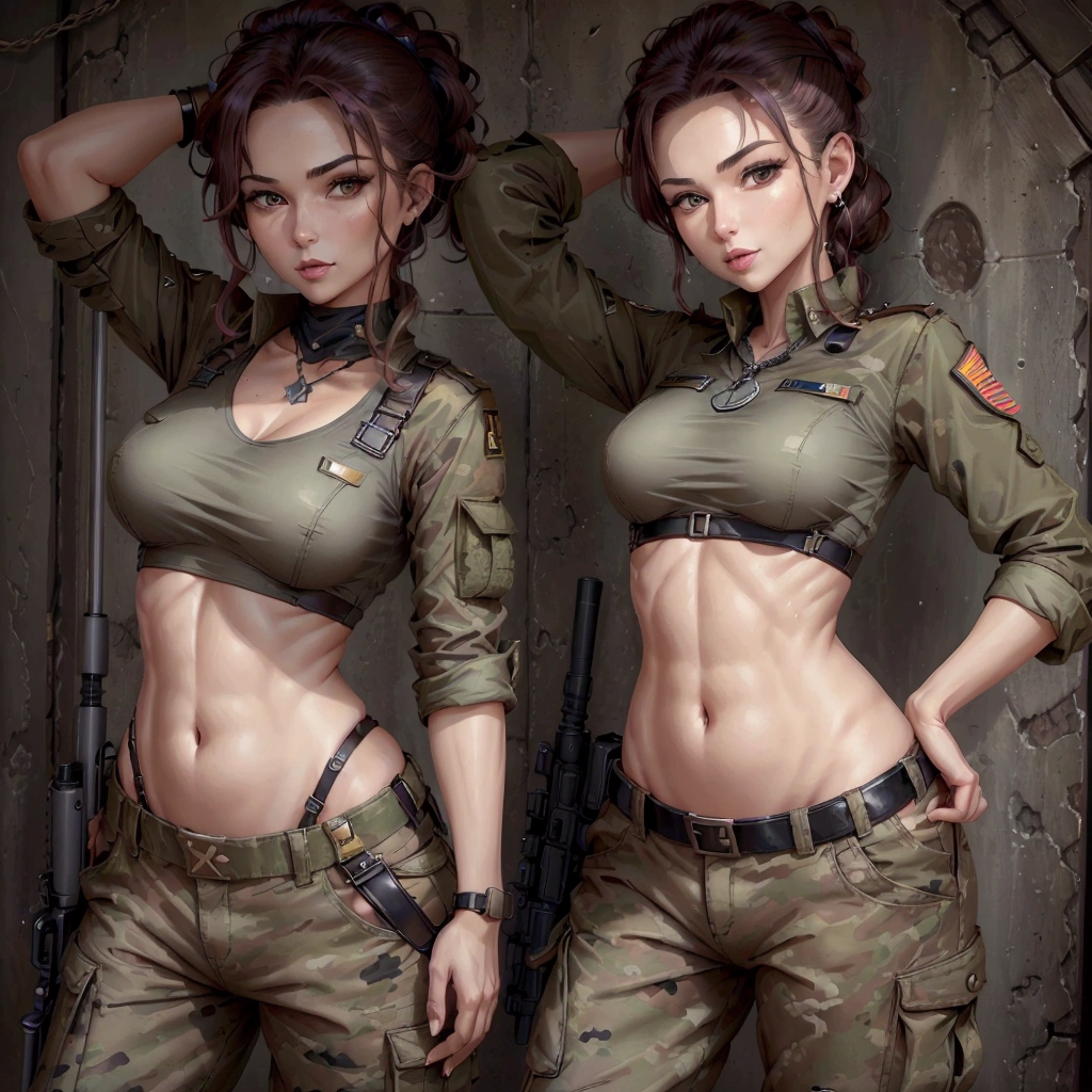 Women in crop top soldier uniform, soldier hat, military brooch on the chest,  exposed abdomen area, very low waist cargo pants, navel piercing , 45 years-old, high ranking , standing, little fat 