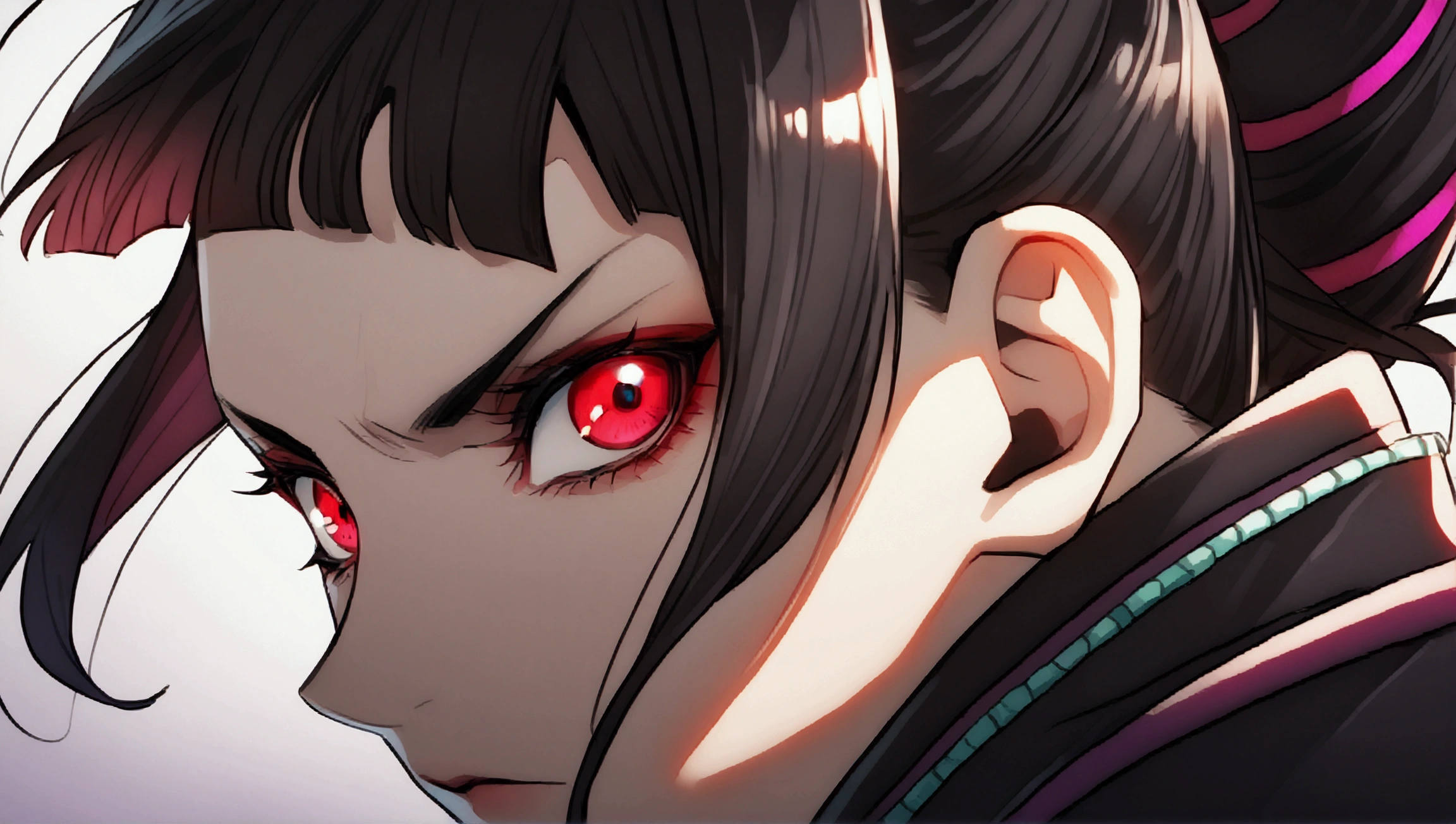juri han,horn hair,close up,serious look,red eyes glowing,labiaa,bangs on the eyes,black hair with purple details,ombre