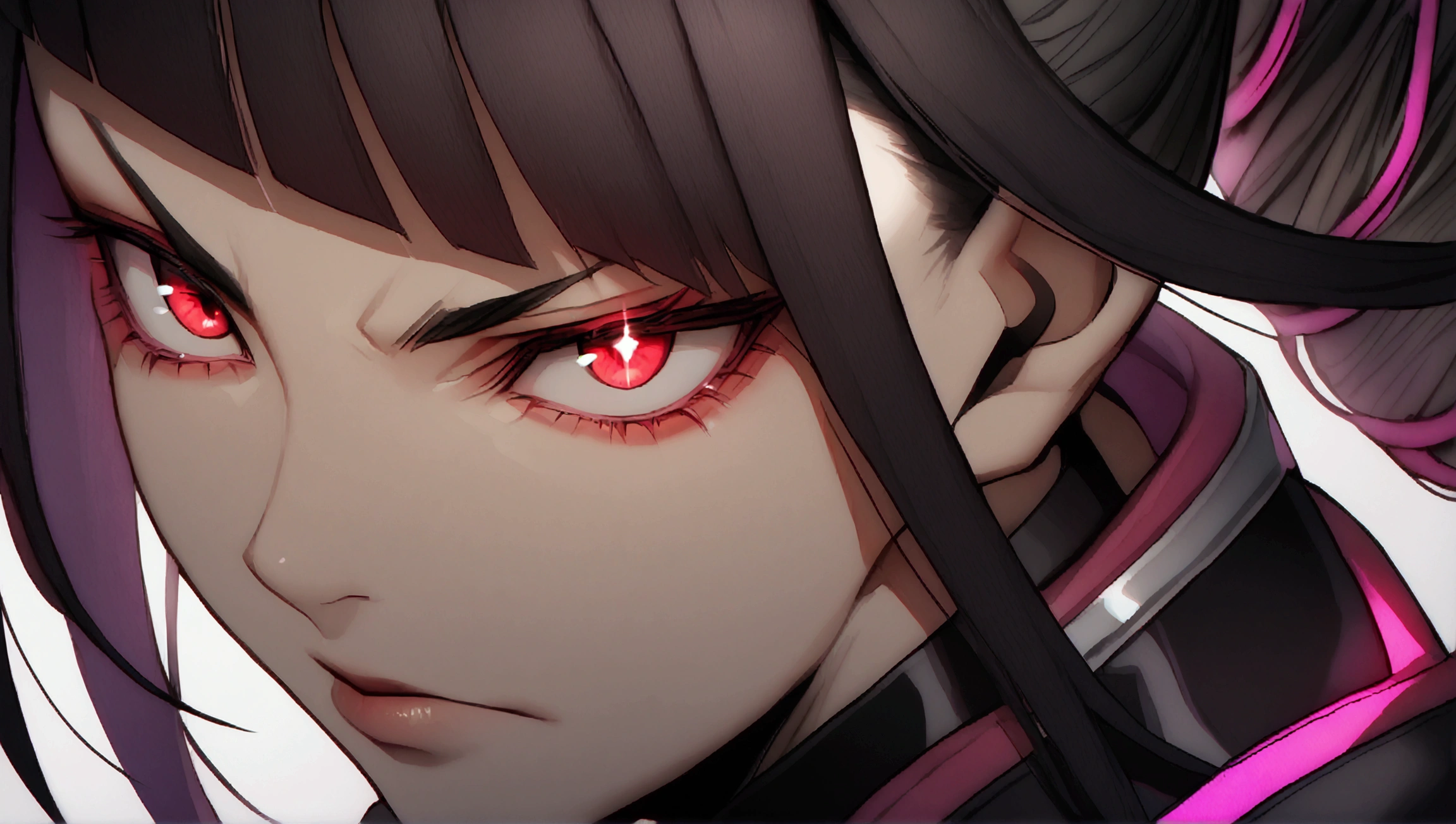 juri han,horn hair,close up,serious look,red eyes glowing,labiaa,bangs on the eyes,black hair with purple details,ombre

