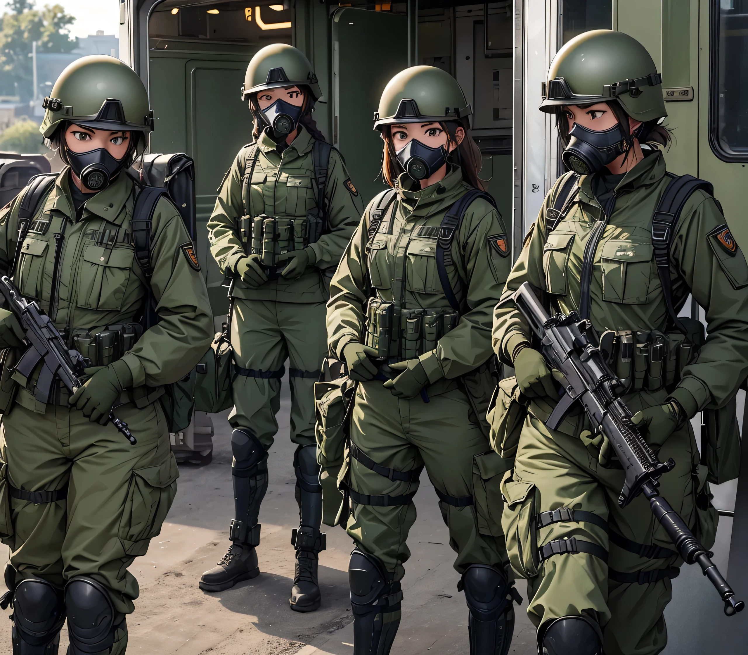 A group of female soldiers on a military train、All wearing dark green M-51 military uniforms、Wear a steel helmet、Wear goggles、wearing gas masks、Military Pants、Knee pads、Write details、masterpiece、best quality、Highly detailed CG、8K quality