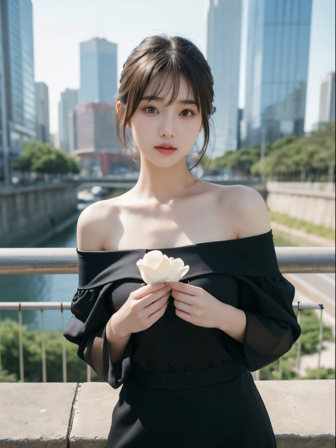 (8k, Top quality, Masterpiece:1.2), (Realistic, photo-realistic:1.37), Super detailed, perfect anatomy, cute, small eyes, 18 years old, a Japanese, girl, off-shoulder black dress, huge breast, bangs, cityscape,