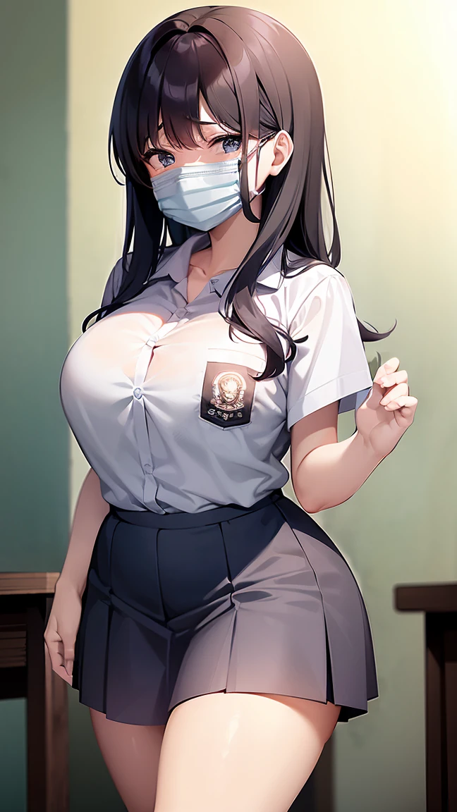 1 woman, , (messy long haircut, black hair), scared face expression, plump body, blue eyes, Indonesian high-school uniform, (wearing transparent white shirt, short sleeves), osis logo on shirt pocket, medium breasts, curvy body, long light-grey pleated skirt, dynamic pose, cowboy shot, shy, in the classroom, wearing a mask (white surgical mask, surgical mask fit his face:1.2).