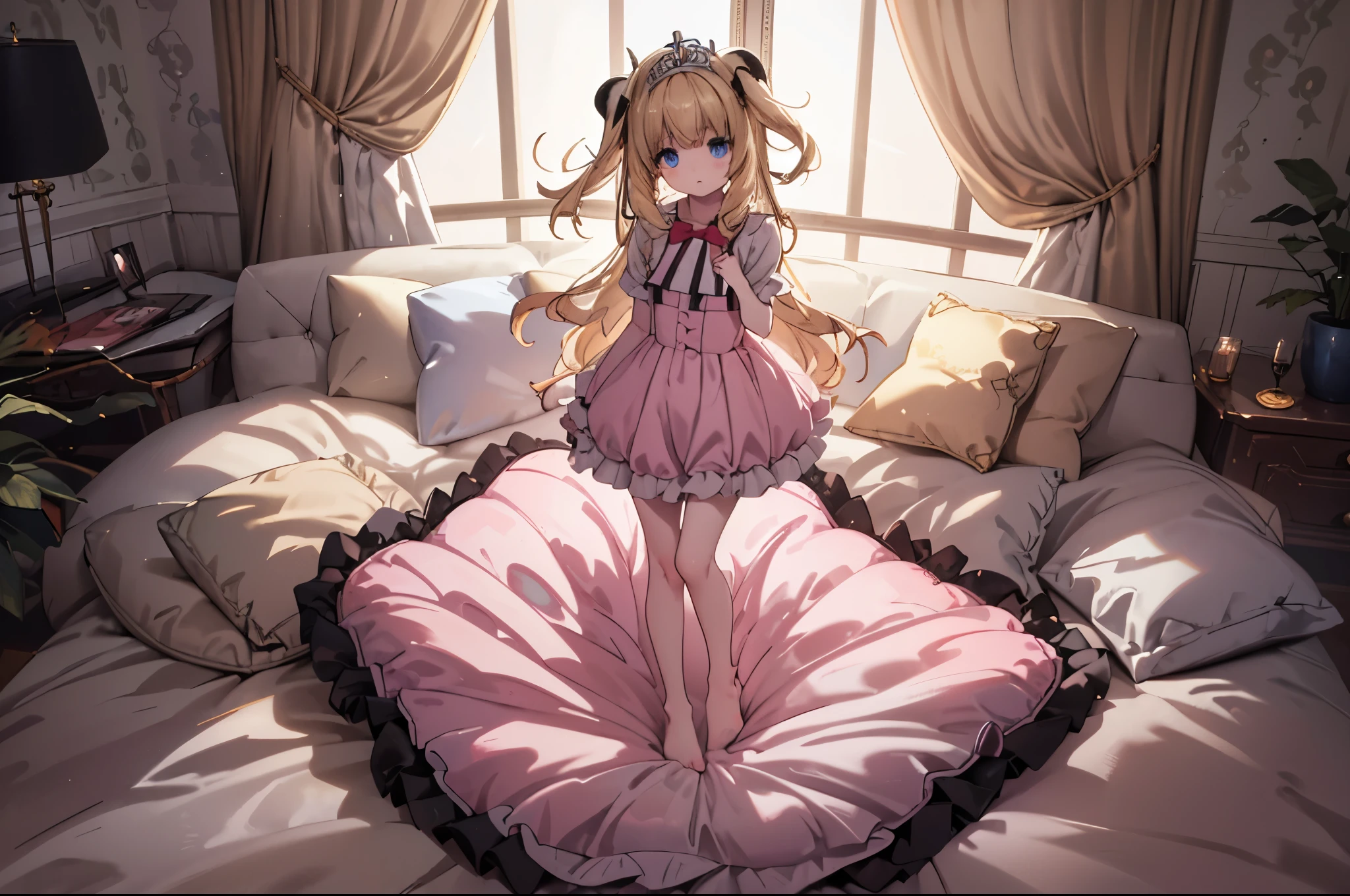 （best quality， masterpiece），full body, 1 girl, solo, mine ,nsfw, details, (Light and shadow oxtail , Cute girl posing on pillow ，standing on pillow, frilled pillow, lace pillow, large pillow，（pillow), LatifaFleuranza, blonde hair, blue eyes, very long hair, tiara, LatifaPajama, pajamas