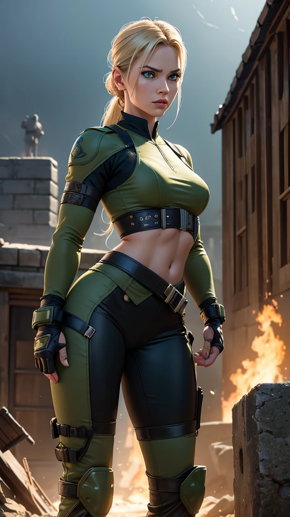 Sonya Blade, (Mortal Kombat), sexy girl, powerful, green classic sexy suit, botas negras tipo militar, cinta verde en la frente, Young, skynny body, small and beautiful buttocks, toned abdomen, small and beautiful breasts, obscene, sensual, pose de artes marciales dando patada a la altura de la cara, ciudad en llamas, edificios destruidos en el fondo, Dramatic background, overflows a lot of energy in your body, guns, mirando al espectador, sensual look, beautiful green eyes, classic hairstyle,Hair dyed in bright blonde color, best quality,4k,8k,A high resolution,masterpiece,Ultra detailed,realistic, Photorealistic,photo realistic, ultra realistic 