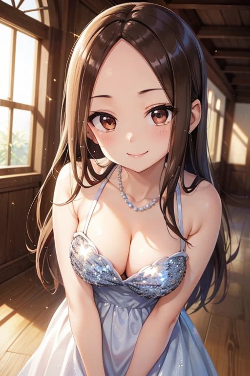 Takagi-san、Shiny brown hair, Straight Long Hair,((Medium chest、Forehead、Center part))、 Beautiful brown eyes、smile、Sparkling eyes, (fine grain)、Very fine eye、Highly detailed face, 非常にDetailed eyes, Cowboy Shot、


1 Female, , Hair between the eyes, Thin eyebrows, Detailed eyes,Big and soft breasts、 Cleavage、
Small Head, (Silver sequin dress:1.2), (smile:1.2), Pearl Necklace, Standing on the grand staircase,