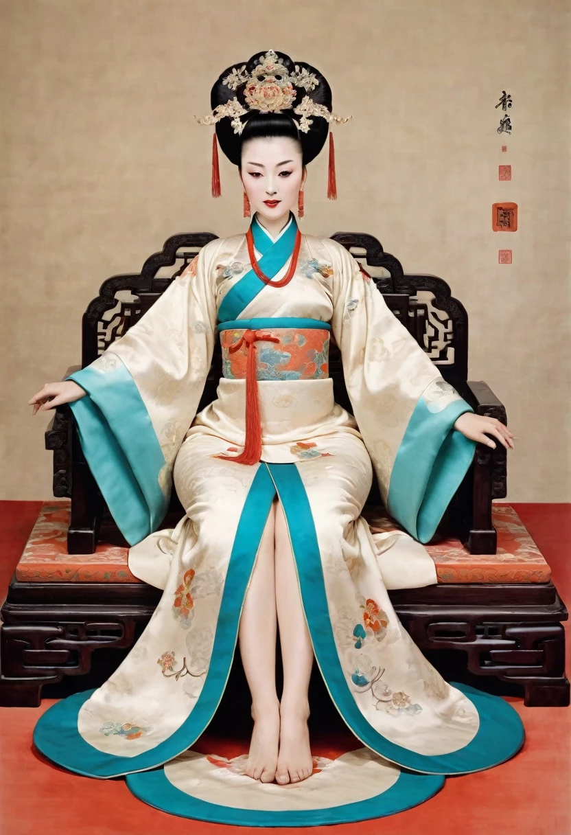 Qing dynasty empress naked empress spreading one's legs open wide with knees bent,creating the shape of the letter M at the Chinese court Qing dynasty empress empress of China crowned with a size crown with her hair tied back and raised above her head background of stone tatami outside Qing dynasty