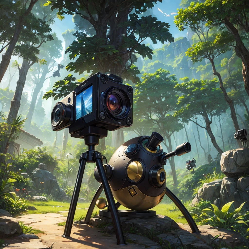 a magnificent levitating magnemite with a camera, in a lush jungle setting, safari style, masterpiece, extremely detailed, high quality, instagram profile