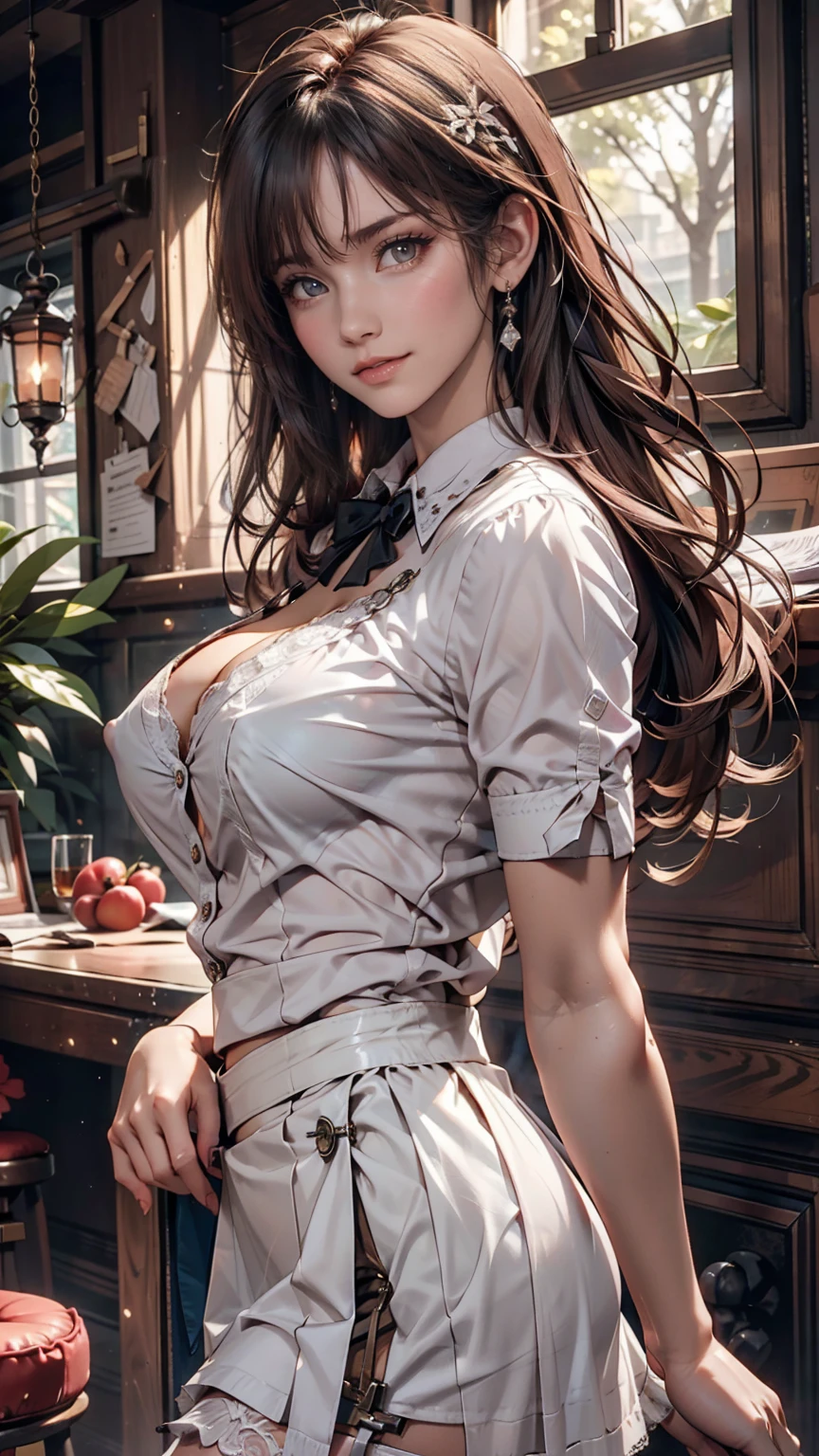 24-year-old female、Vertical roll on one side((side drill)) 、Silver Hair、Sexy proportions、Narrow waist、Erotic female body、Saggy breasts、Big Breasts、Nipple swelling emphasis、mature female body、Light pink blouse with lace(The size of her breasts is so big that the buttons are about to come off))、Garter skirt((garter skirt))、Stiletto heels、smile