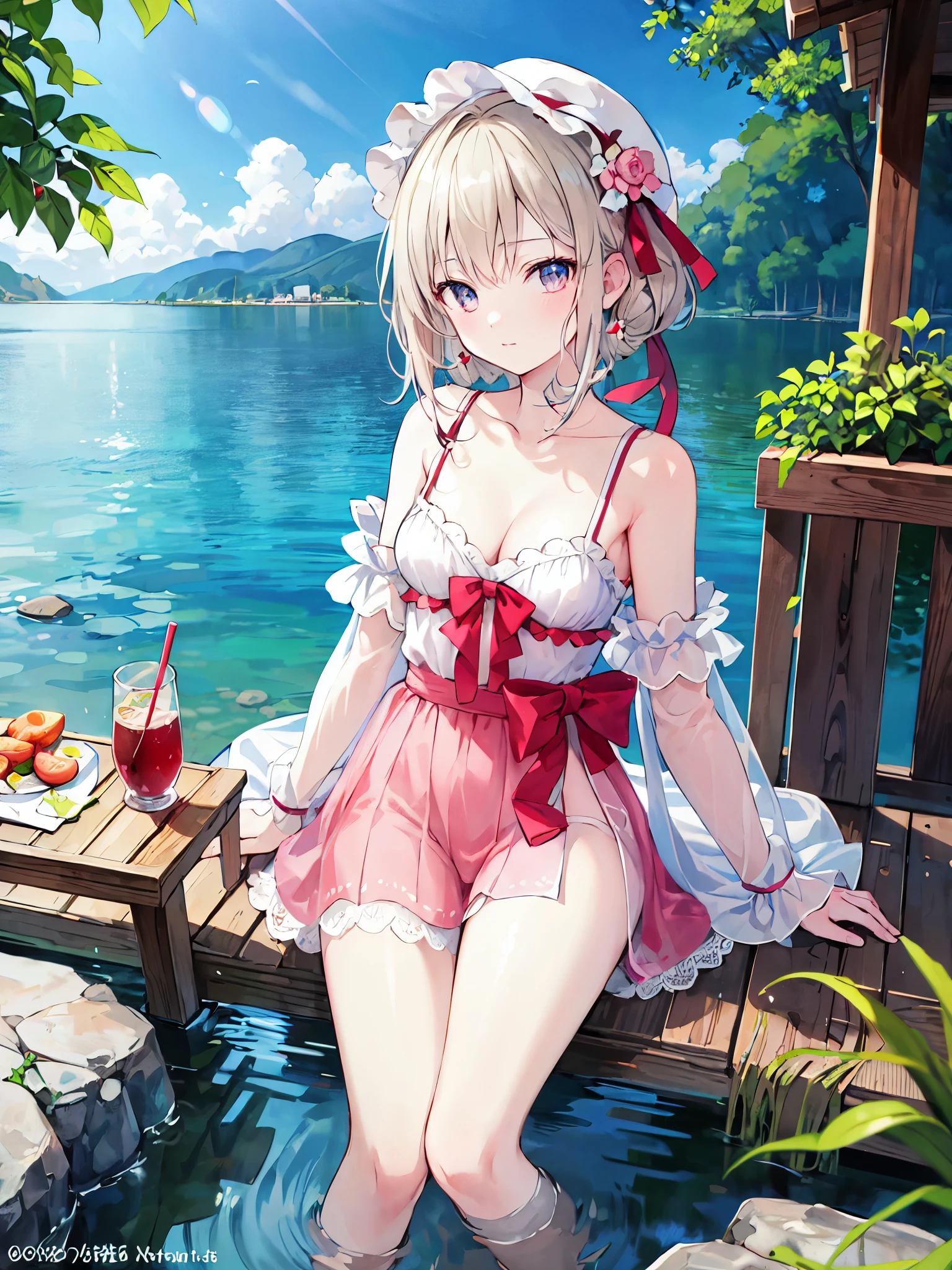 (Masterpiece)、(Highest quality)、(Super detailed)、(Best Anatomy)、Official Art、ta with shiny light-colored hair、Translucent lace camisole、Small breasts、Cleavage、Off the shoulder、Side bust、Thigh Focus、Lakeside cottage