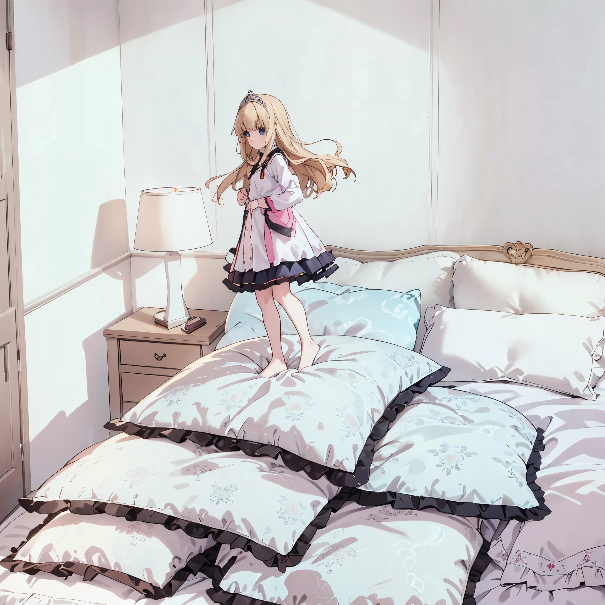 （best quality， masterpiece），full body, 1 girl, solo, mine ,nsfw, details, (Light and shadow oxtail , Cute girl posing on pillow ，standing on pillow, frilled pillow, lace pillow, large pillow，（pillow), LatifaFleuranza, blonde hair, blue eyes, very long hair, tiara, LatifaPajama, pajamas