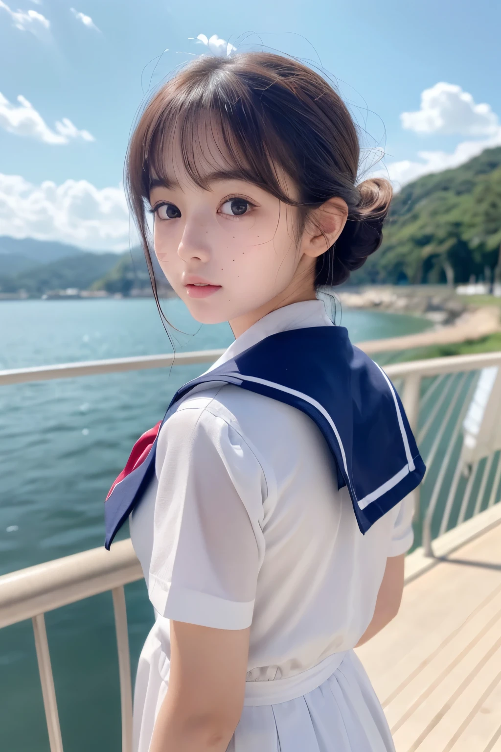 (close up:1.5), raw ((Portrait)), (Best Quality), (Realistic, Photorealsitic:1.3), Best Quality, masterpiece, extremely delicate and beautiful, Extremely detailed ,nffsw , amazing, finely detail, Highly detailed ticker Unity 8k wallpaper, huge filesize , Ultra-detailed, high resolution, Extremely detailed, Strong winds are blowing, low pony tail, (((a sailor suit))), (((Junior High School Uniforms:1.2))),((Navy Blue Check Pleated Skirt Long Length:1.4)), (((a high school student))), slender, (tiny chest:1.6), Dynamic Pose, dynamic angle, ((nffsw)), Hair blown in the wind