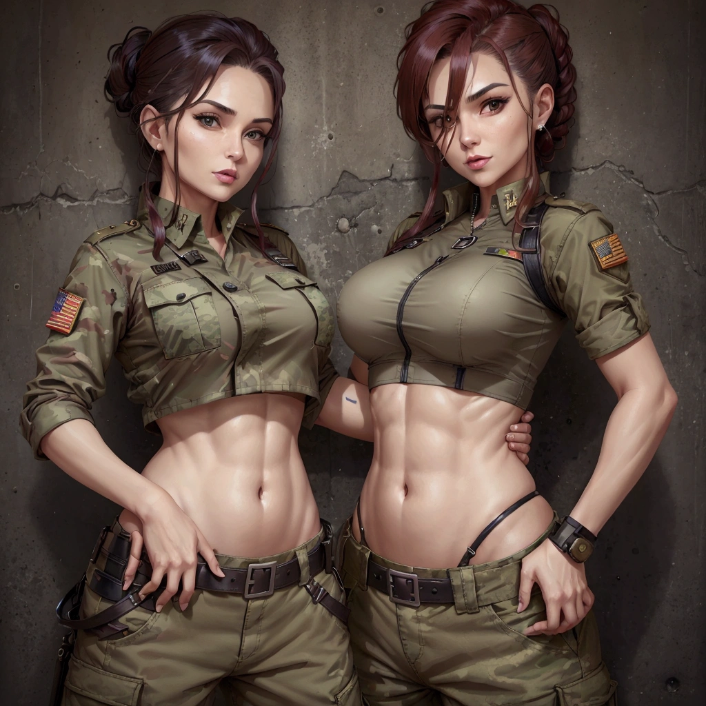 Women in crop top soldier uniform, soldier hat, military brooch on the chest,  exposed abdomen area, very low waist cargo pants, navel piercing , 45 years-old, high ranking , standing, little fat 