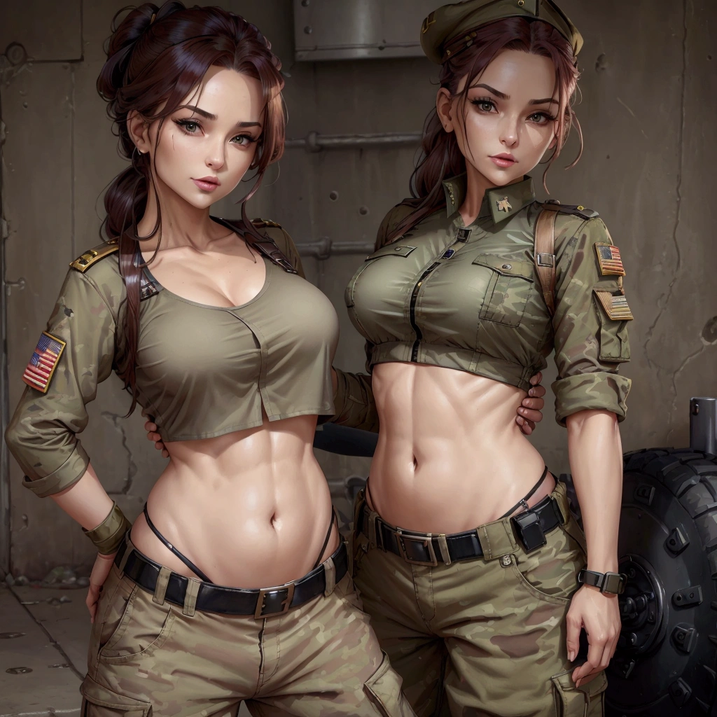 Women in crop top soldier uniform, soldier hat, military brooch on the chest,  exposed abdomen area, very low waist cargo pants, navel piercing , 45 years-old, high ranking , standing, little fat 