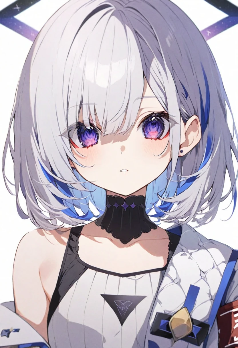 (musterpiece), (best quality), (score_9, score_8_up, score_7_up), very detailed eyes, expressive eyes, perfect face, very detailed face, highly detailed face, beautiful girl, 8K, beautiful girl, (white background:1.3), delicate and beautiful face and eyes, dark intense shadow, 1 girl, solo, vtuber style, cool girl, hololive, vtuber, amane kanata, multicolored hair, grey hair, short hair, purple eyes,