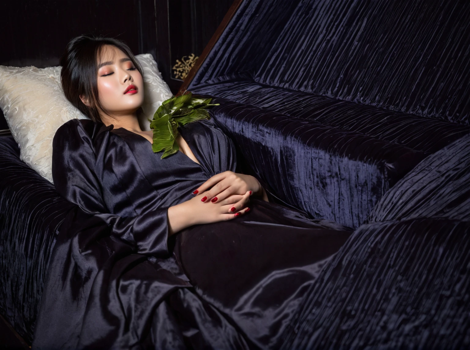 In a striking 8K HDR scene, a stunning Korean woman, 22 years old, lies peacefully in a black coffin surrounded by plush pillows. The deep box is set against a rich black background, accentuating the beauty of the subject. Her exquisite deep-V neckline kebaya attire is embroidered with superb detail, showcasing her round and firm breasts, perfect cleavage, and beautiful eyebrows. Her closed eyes and mouth give an air of serenity, while her visible and absolute cleavage leave nothing to imagination. The scene is bathed in saturated colors, highlighting every intricate aspect from the ball skirt to her clean face, straight body, detailed hand perfect hands, straight body, own hands together, own hand on stomach, detailed hands, perfect hands.