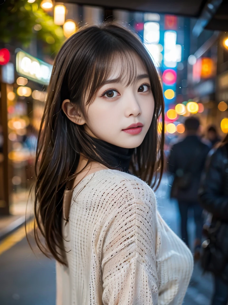 (Colossal tits、Turtleneck knitwear、Shoulder bag)、(top-quality,​masterpiece:1.3,超A high resolution,),(ultra-detailliert,Caustics),(Photorealsitic:1.4,RAW shooting,)Ultra-realistic capture,A highly detailed,high-definition16Kfor human skin、 Skin texture is natural、、The skin looks healthy with an even tone、 Use natural light and color,One Woman,japanes,,kawaii,A dark-haired,Middle hair,(depth of fields、chromatic abberation、、Wide range of lighting、Natural Shading、)、(Hair swaying in the wind:1.2)、Streets of Tokyo