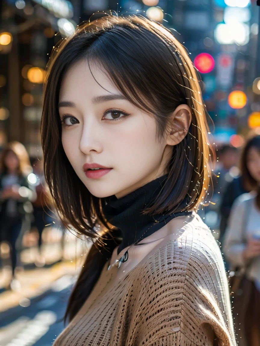 (Colossal tits、Turtleneck knitwear、Shoulder bag)、(top-quality,masterpiece:1.3,超A high resolution,),(ultra-detailliert,Caustics),(Photorealsitic:1.4,RAW shooting,)Ultra-realistic capture,A highly detailed,high-definition16Kfor human skin、 Skin texture is natural、、The skin looks healthy with an even tone、 Use natural light and color,One Woman,japanes,,kawaii,A dark-haired,Middle hair,(depth of fields、chromatic abberation、、Wide range of lighting、Natural Shading、)、(Hair swaying in the wind:1.2)、Streets of Tokyo