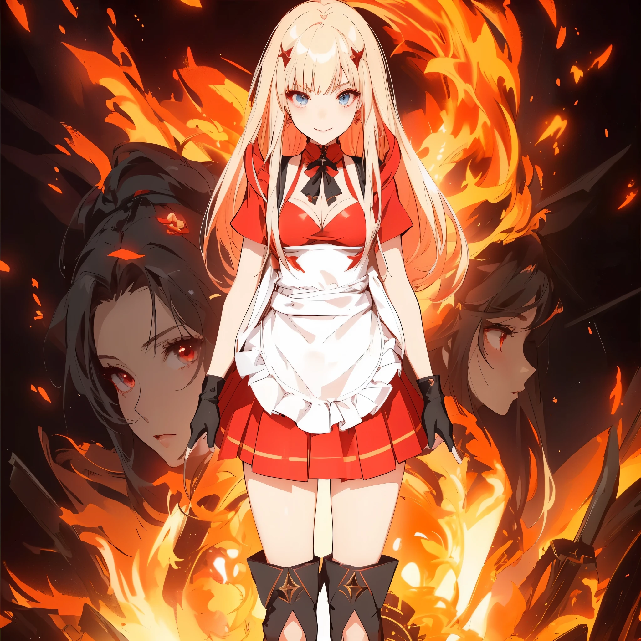 anime girl in a red dress and white apron standing in front of a fire, ecchi, garota big boobies, decote sensuous, perfects eyes, fire!! whole body, anime style like fate/stay overnight, standing in fire, 坏蛋动漫8 K, best anime girl, female action anime girl, she has fire powers, gamoe yandere, anime moe art style, zero two, Kantai Collection Style, anime character with cape and skirt and cape on head,detailedeyes, perfects eyes, garota com big boobies, perfect face 12k beautiful boobs, transparent black clothing, big neckline, roupa sensuous, sexy girl, black bikini, black swimwear, Flying hair, sexy girl, sensuous, sorriso sensuous, charming smile, provocative clothes, big boobies, decote sensuous