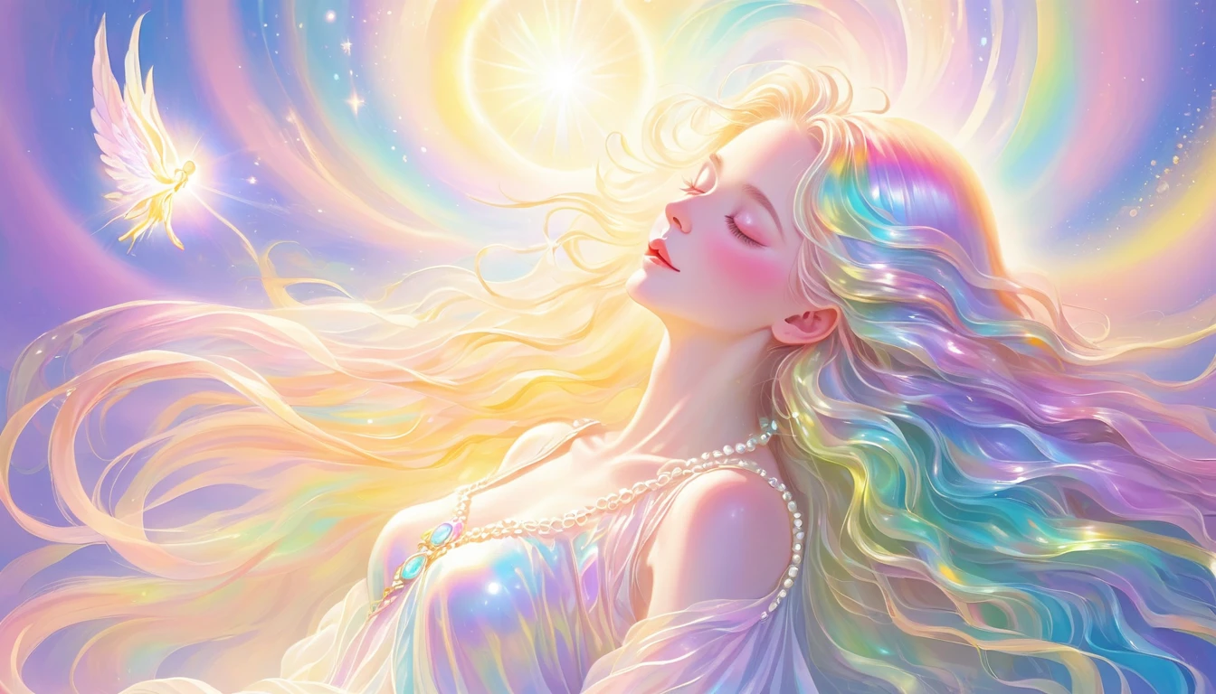 The birth of a beautiful angel, divine light, wrapped in light, pearl light born from a large pearl shell, long hair in pastel rainbow colors