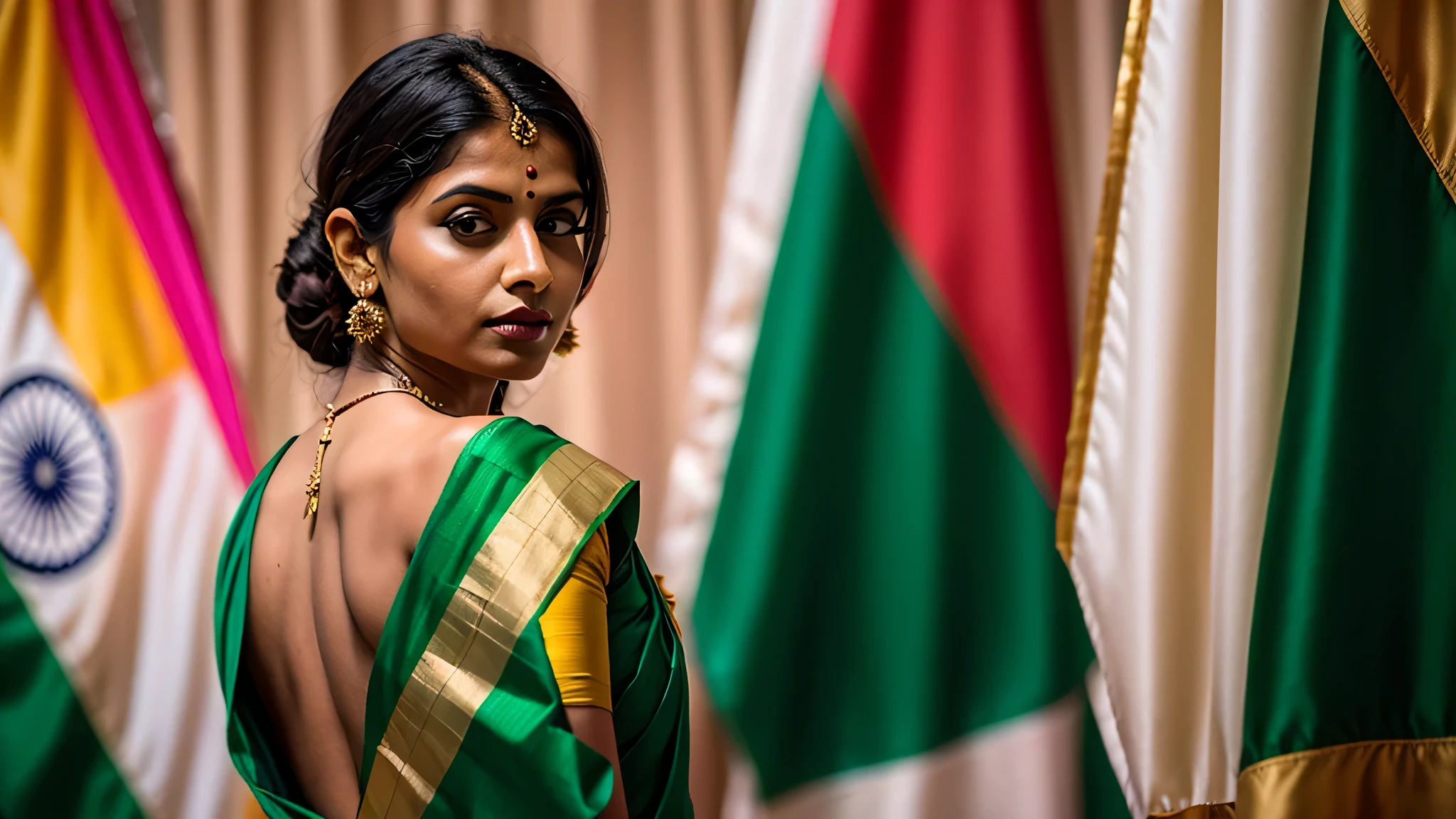 a woman in a pink sari and a green and white flag, independence, july, indi sulta, indian, india, trendy, Indian flag, concept, image, colour, official, tricolor background, very coherent image