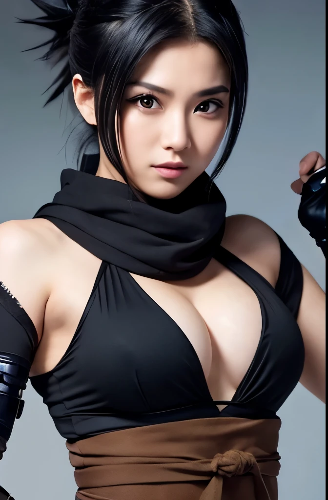 A beautiful, strong-looking kunoichi with black hair.、Black ninja outfit、scarf、Kunai in right hand、Upper Body、Shinobi costume with slits、Slightly muscular、No sleeve