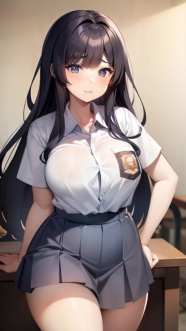 1 woman, , (messy long haircut, black hair), scared face expression, plump body, blue eyes, Indonesian high-school uniform, (wearing transparent white shirt, short sleeves), osis logo on shirt pocket, medium breasts, curvy body, long light-grey pleated skirt, dynamic pose, cowboy shot, shy, smiling, in the classroom.