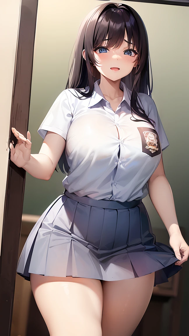 1 woman, 17 years old, (messy long haircut, black hair), scared face expression, plump body, blue eyes, Indonesian high-school uniform, (wearing transparent white shirt, short sleeves), osis logo on shirt pocket, medium breasts, curvy body, long light-grey pleated skirt, dynamic pose, cowboy shot, shy, smiling, in the classroom.