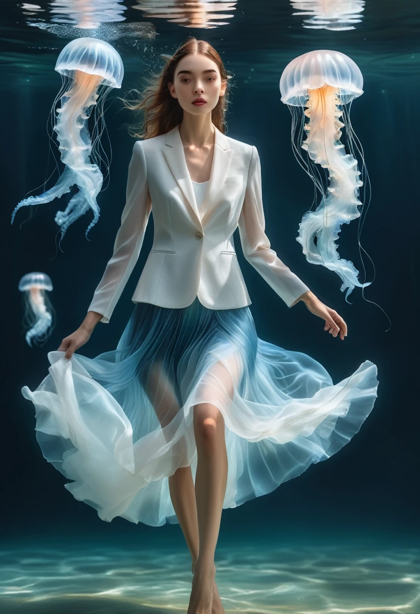 Hyper-realistic portrait settings，The line between water and sky becomes blurred. Woman in chic suit floats gracefully,The ethereal jellyfish that keeps her company. Her skirt,Made of material that mimics biological translucency,Add charm.,