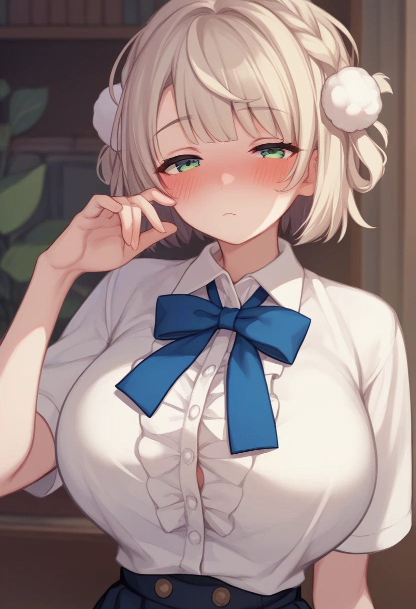 blush、The whole body is visible、Huge breasts、slim:1.5、One Girl,bend、Half-closed eyes、shigure_interface、White ruffled shirt、Blue tie ribbon、A shirt so stiff that the buttons are about to come off、