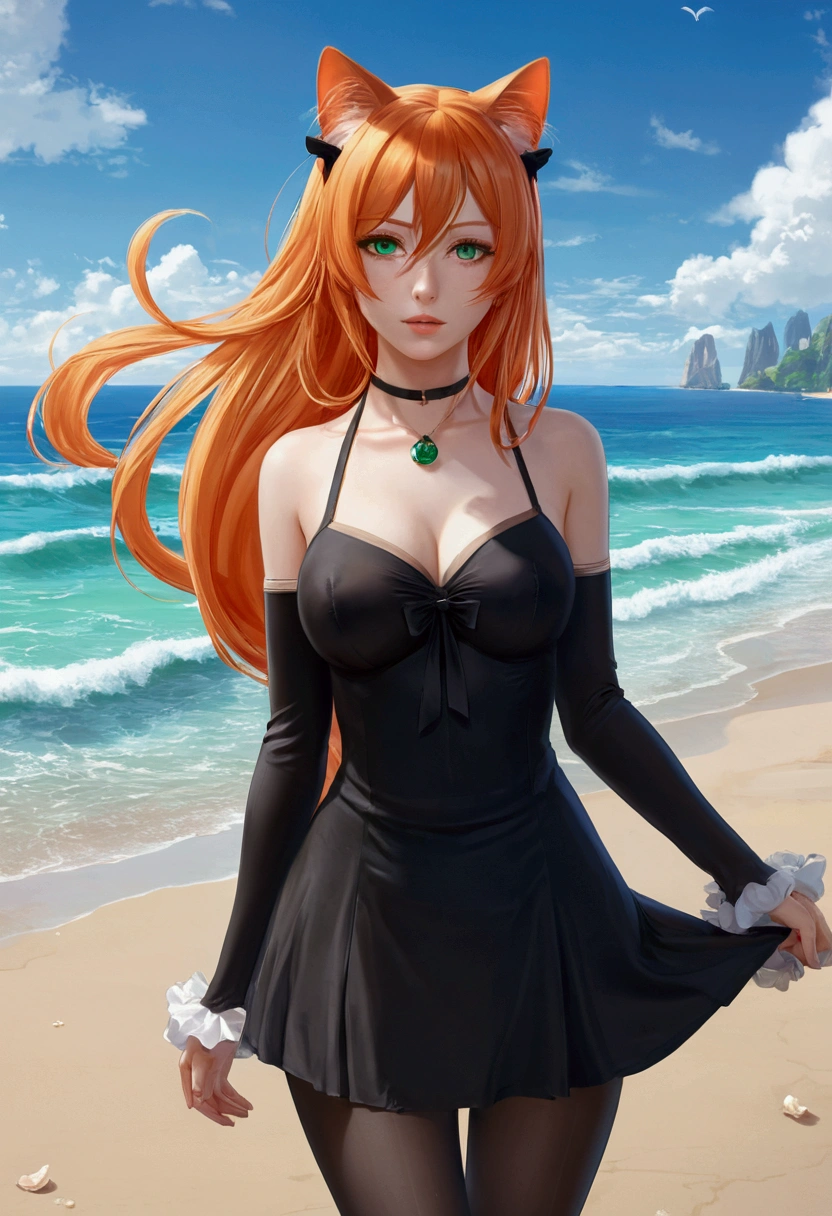 anime girl with long orange hair standing on beach near ocean, green eyes detailed digital anime art, cat ears, , anime girl with long hair, smooth anime cg art, anime girl with long hair, average breast size, digital anime art, artwork in the style of guweiz, beautiful anime portrait, photorealistic anime girl render, beautiful anime girl, advanced digital anime art, pantyhose, guweiz on artstation pixiv upscale HD UHD HQ